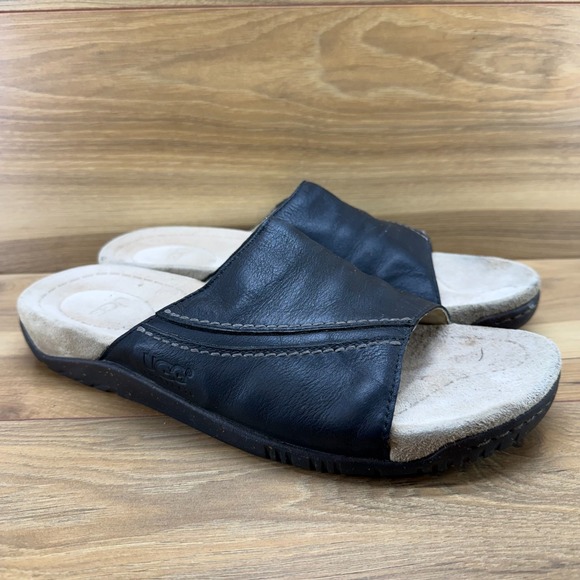 UGG Black Leather Slide Sandals Mens 13 Walking Vacation Resort Minimalist